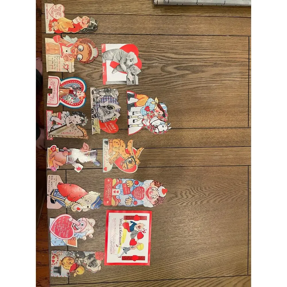Lot of 14 Vintage Die Cut Valentine Cards Mechanical Children Animals Clown